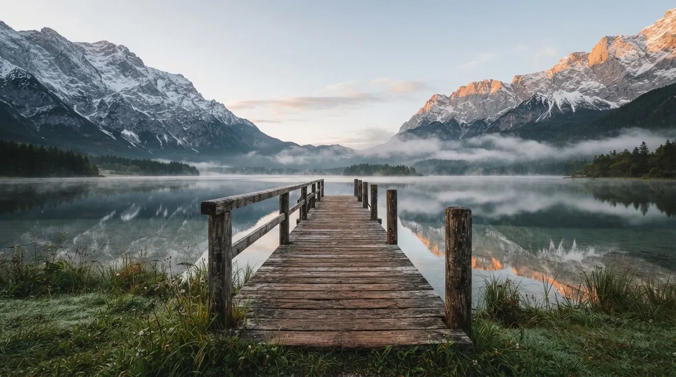 Ein Holzsteg führt über einen stillen Bergsee in den Alpen, über dem Wasser hängen bei Sonnenaufgang einzelne Nebelschwaden.