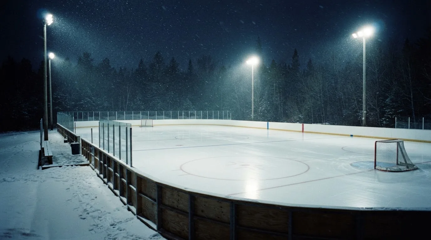 Eine Eishockeybahn liegt unter Flutlicht aus der Ferne betrachtet, leichter Schneefall treibt durch den Lichtkegel über dem Eis.