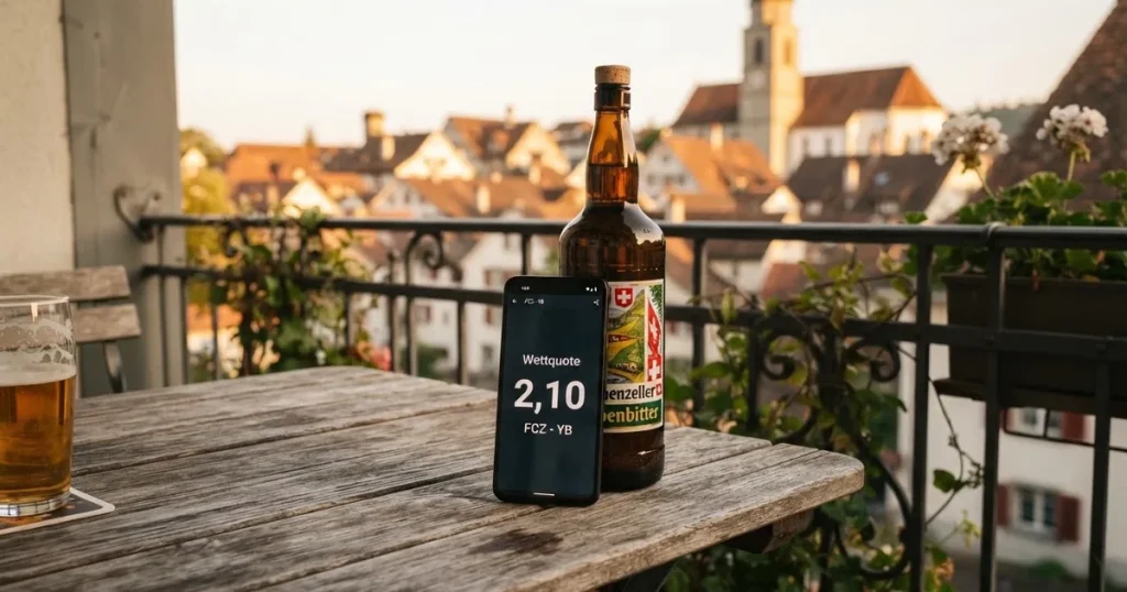Ein Smartphone mit dunklem Display lehnt an einer Glasflasche auf einem Balkontisch, dahinter liegt eine Altstadt in der Abendsonne.