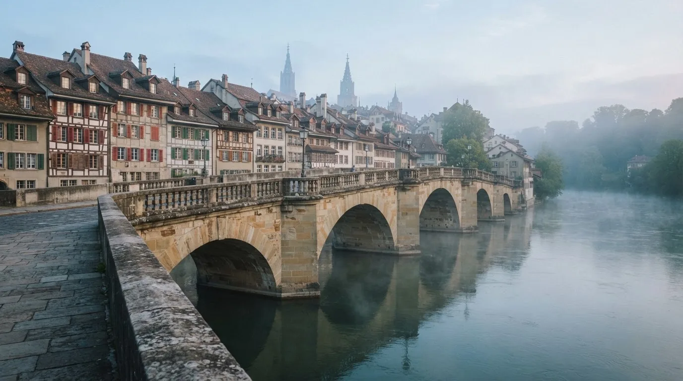Eine steinerne Bogenbrücke überspannt am frühen Morgen einen Fluss in einer Altstadt, auf dem Wasser liegt dünner Nebel.