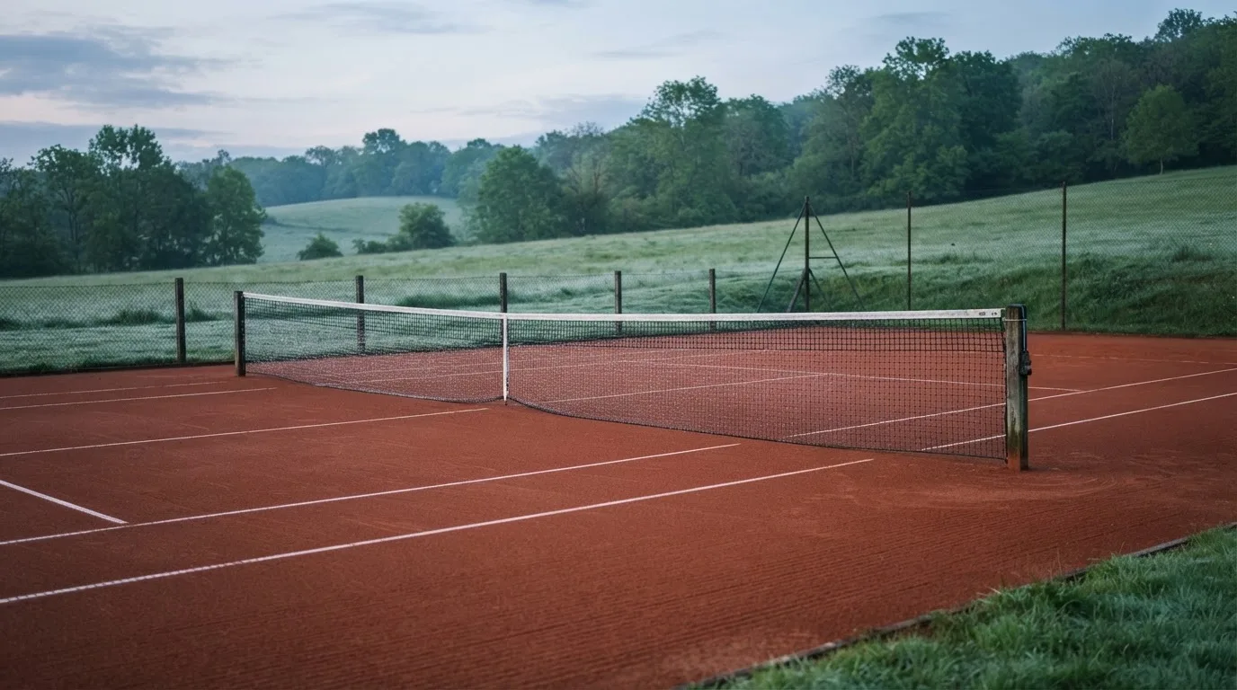 Ein Sandplatz für Tennis liegt bei Morgengrauen leer da, Tau glänzt auf dem Netz, hinter dem Zaun steigen Wiesen an.