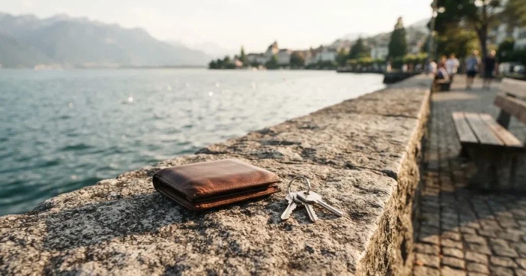Eine Lederbörse und ein Schlüsselbund liegen auf der Steinbrüstung einer Seepromenade, dahinter glitzert der See im späten Nachmittagslicht.