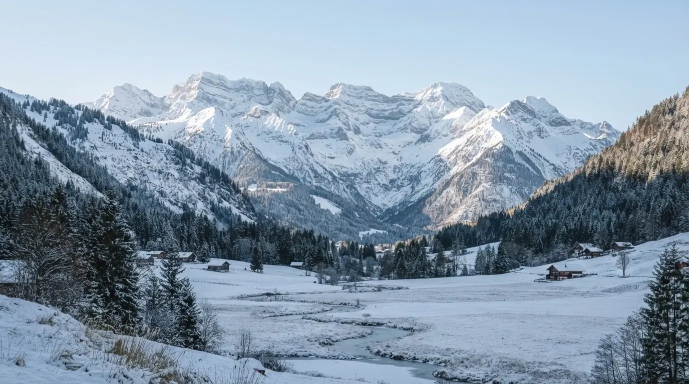 Eine verschneite Bergkette erhebt sich über einem stillen Tal, der Himmel darüber ist klar und von blassem Blau.