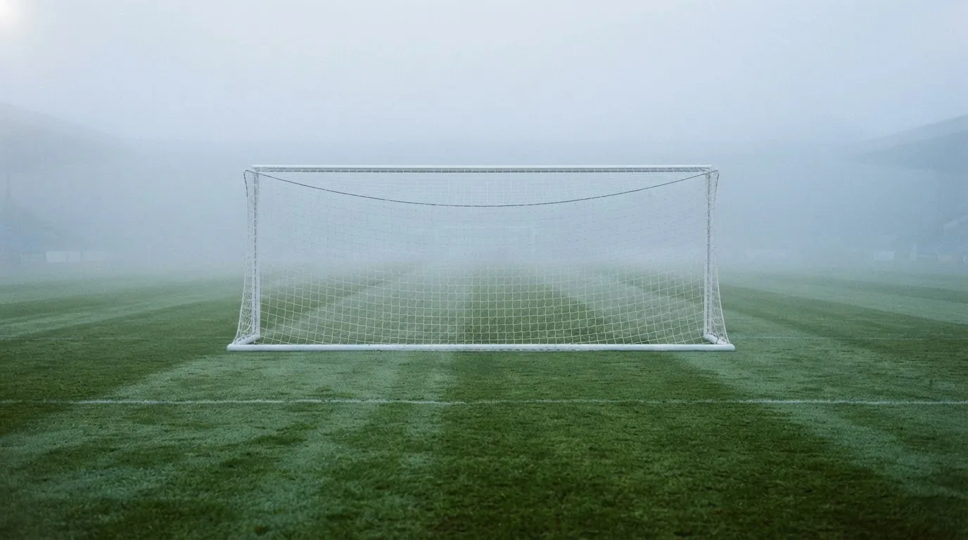 Eine Torlinie mit Netz steht am frühen Morgen im dichten Nebel auf einem Rasenplatz, die Umrisse der Pfosten verschwimmen.