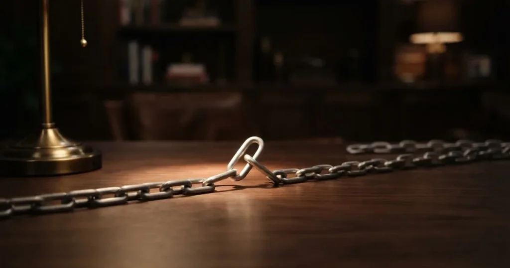Eine Kette aus silbernen Gliedern liegt ausgebreitet auf dunklem Holz, ein einzelnes Glied ist von einer Lampe hell beleuchtet.
