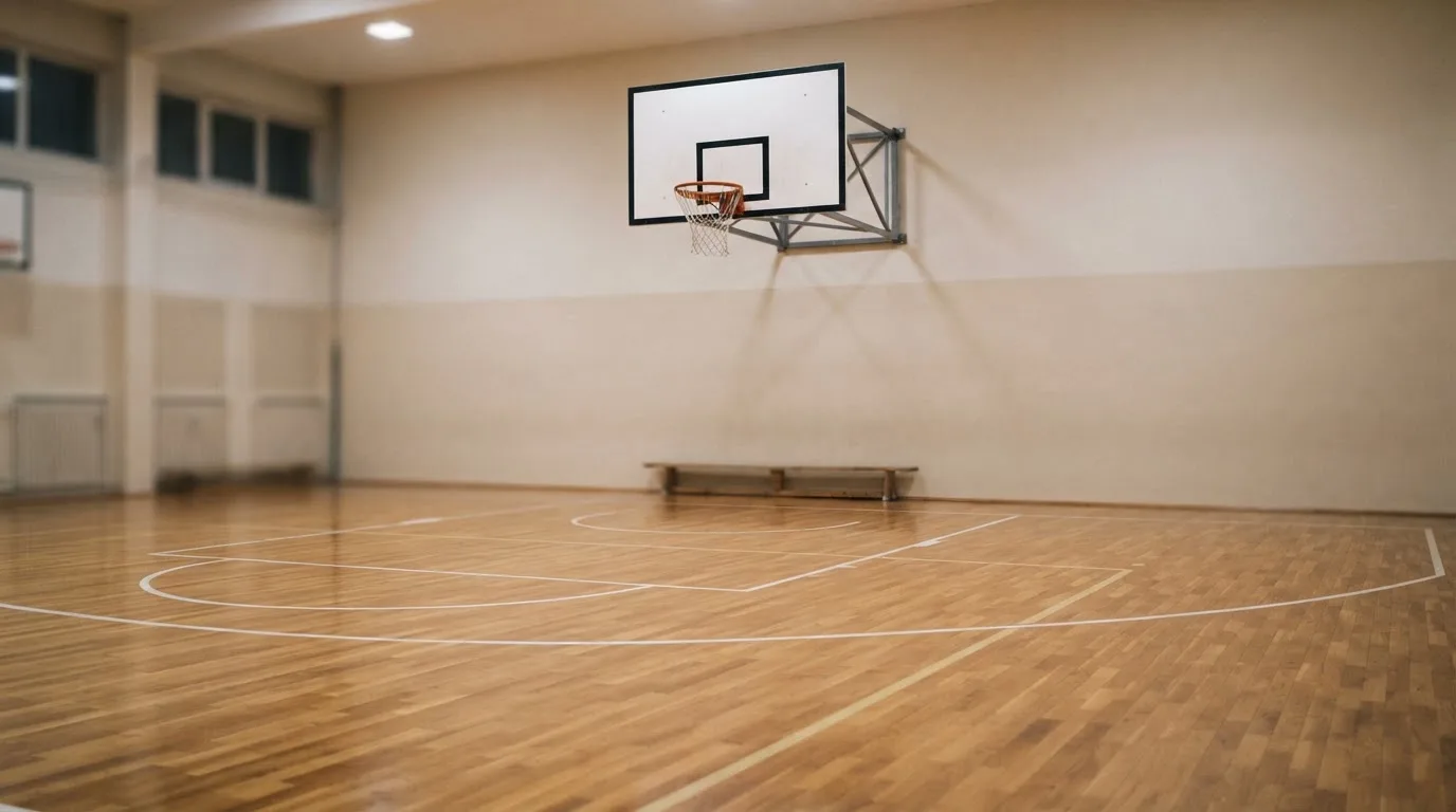Ein Basketballkorb hängt in einer leeren Halle über einem Holzparkett, von der Decke fällt gleichmässiges Licht auf den Boden.