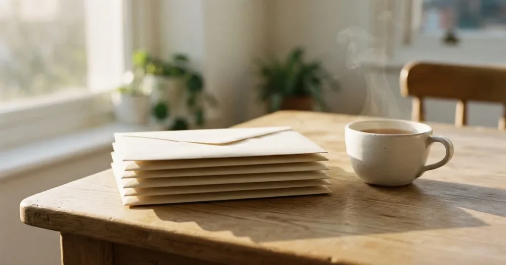 Ein Stapel schlichter Briefumschläge liegt auf einem Küchentisch neben einer Tasse Tee, durch das Fenster fällt Morgenlicht.