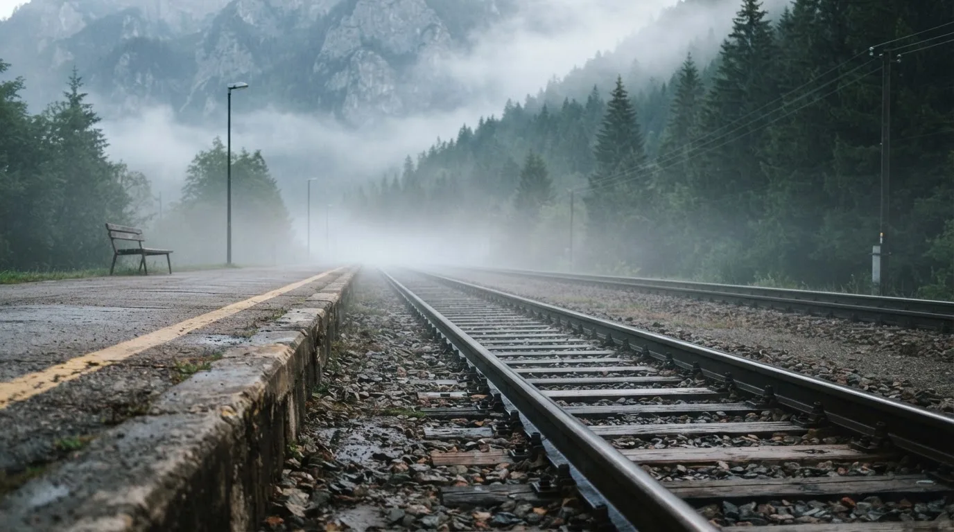 Ein leerer Bahnsteig in den Bergen mit zwei Gleisen, über den Schienen hängt Morgennebel und dahinter ragen dunkle Tannen auf.