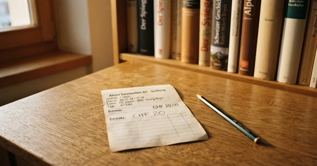 Ein kleiner Stapel Münzen liegt auf einem Holztisch neben einem Bleistift, im Hintergrund unscharf ein Regal mit Büchern.