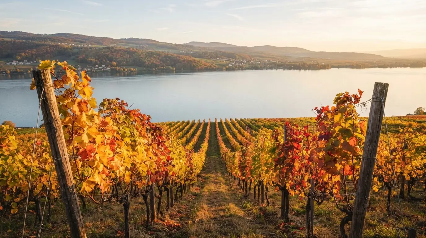 Rebzeilen ziehen sich im Herbstlicht einen Hang über einem See hinunter, die Blätter leuchten gelb und rot.