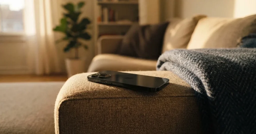 Ein Smartphone mit dunklem Display liegt auf der Lehne eines Sofas neben einer Wolldecke, warmes Abendlicht fällt ins Zimmer.