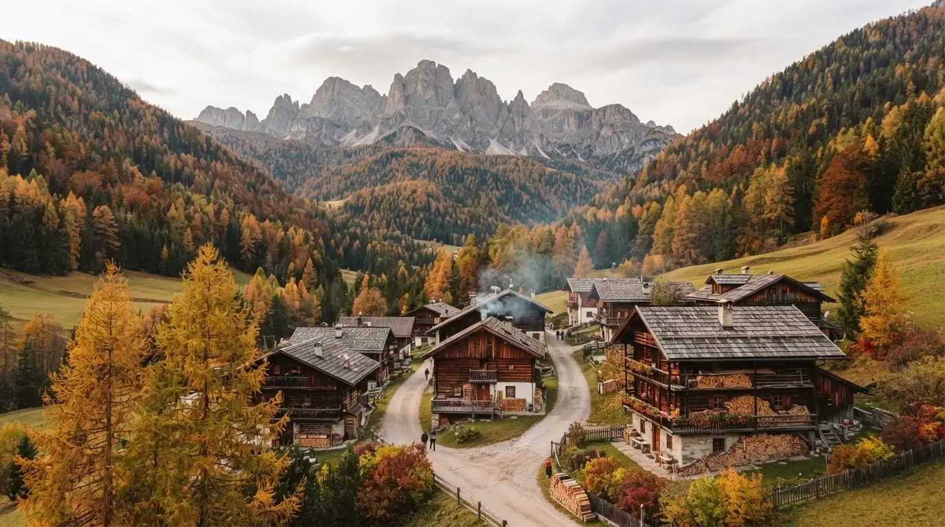 Ein kleines Dorf mit Holzhäusern liegt im Herbst in einem Tal, darüber ragen bewaldete Hänge und ein Bergkamm auf.