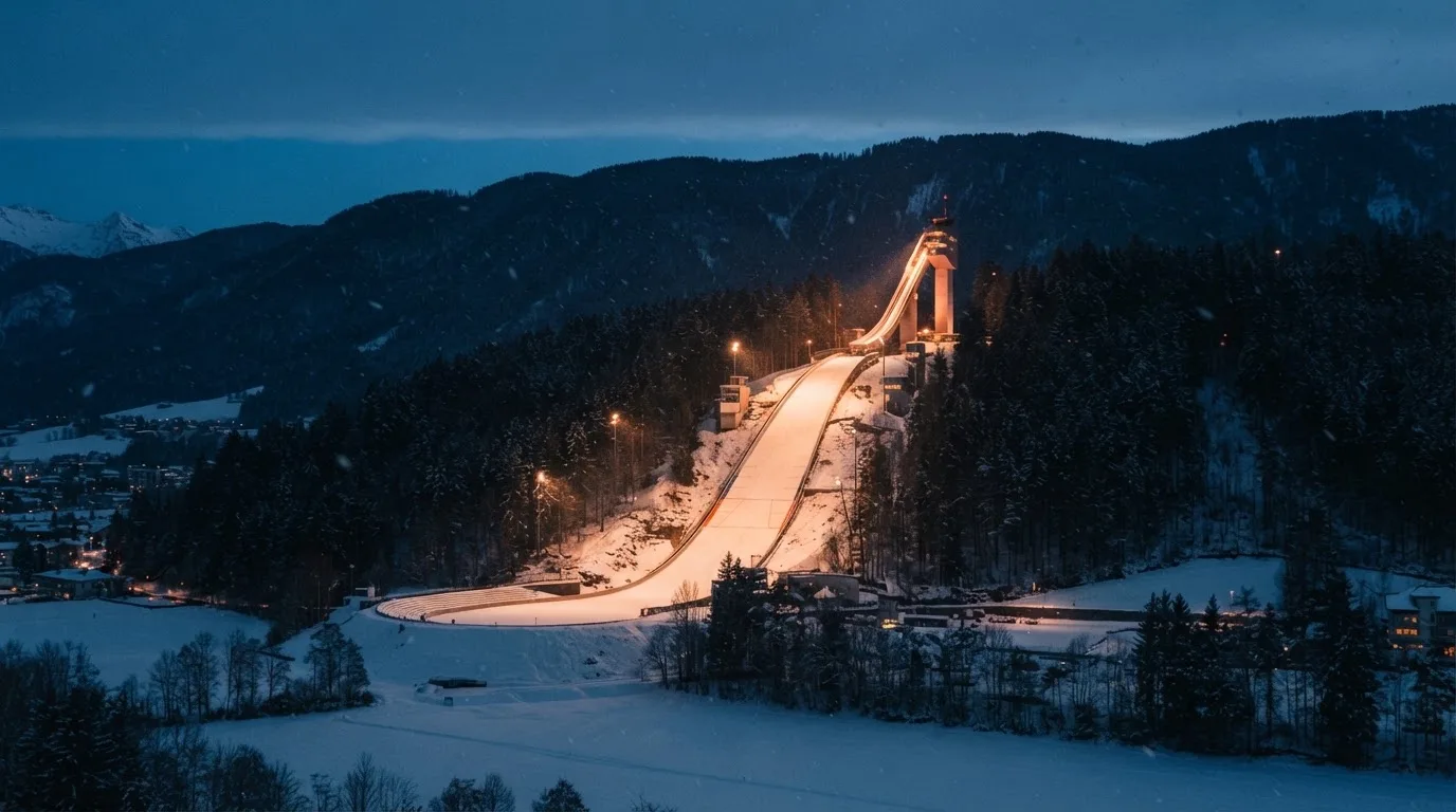 Eine Skisprungschanze steht am Abend im Flutlicht, aus der Ferne betrachtet, umgeben von dunklem Tannenwald und leichtem Schnee.