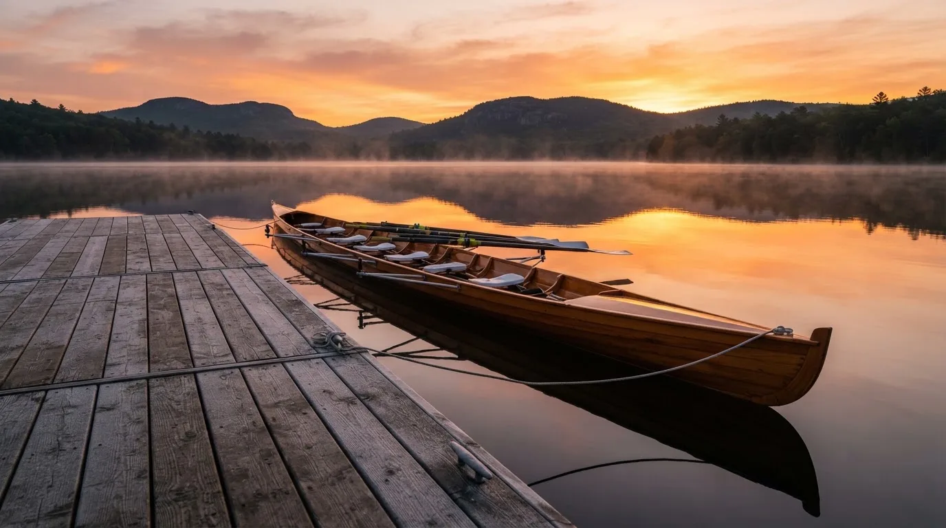 Ein leerer Ruder-Achter liegt bei Sonnenaufgang am Steg eines Sees, das Wasser ist spiegelglatt und der Himmel orange.
