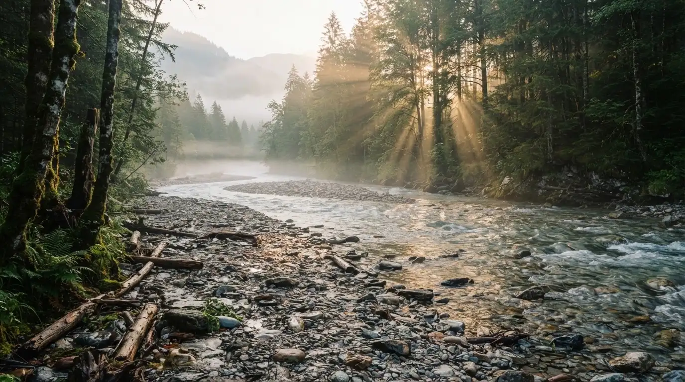 Ein Fluss mit breiter Kiesbank fliesst durch einen Wald, über dem Wasser hängt früher Nebel und Sonnenstrahlen brechen durch.