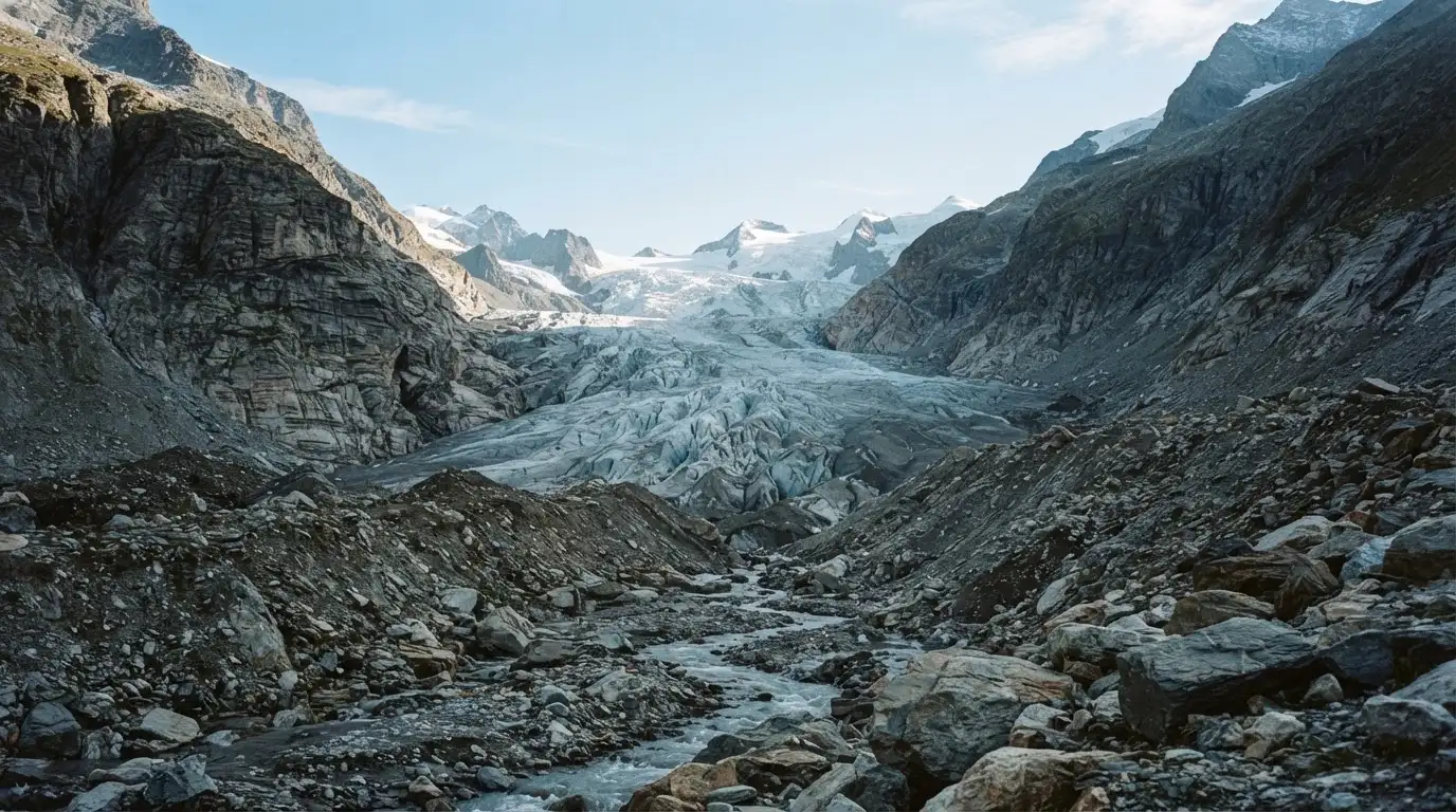 Ein Gletscher schiebt sich zwischen steile Felswände, im Vordergrund liegen Geröll und ein schmaler Bach in kaltem Licht.