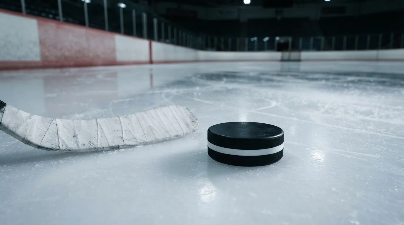 Ein Eishockeypuck liegt auf der Eisfläche neben dem Blatt eines Schlägers, die Bande dahinter ist im Dunkeln nur schwach zu erkennen.
