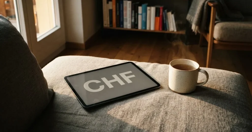 Ein Tablet mit schwarzem Display liegt auf einem Sofakissen, daneben ein Becher mit Tee, vom Fenster her fällt Abendlicht.