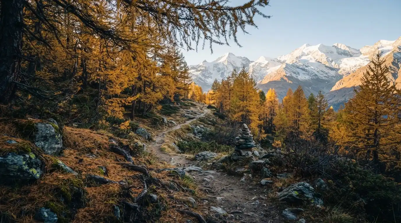 Ein Wanderweg schlängelt sich durch einen goldgelben Lärchenwald, in der Ferne sind schneebedeckte Berge zu sehen.