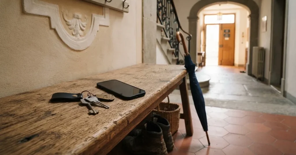 Ein Schlüsselbund und ein Smartphone mit dunklem Display liegen auf einer Holzbank in einem Hauseingang, daneben ein Regenschirm.