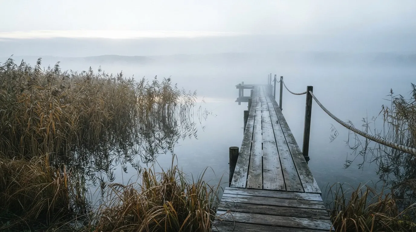 Ein Seeufer mit Schilf und einem schmalen Holzsteg liegt im Nebel, das Wasser ist ruhig und das andere Ufer kaum sichtbar.