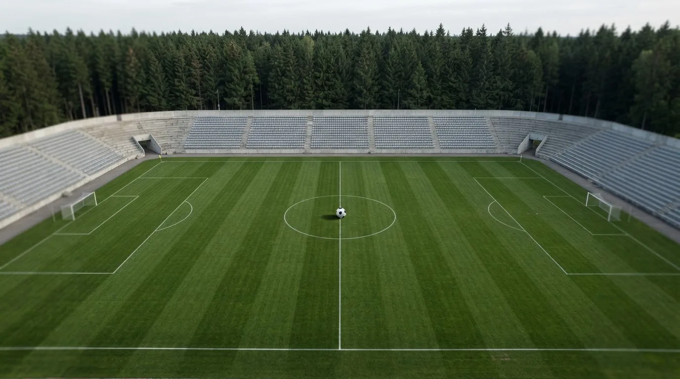 Ein Rasenplatz mit Spielfeldlinien ist von oben gesehen, ein einzelner Ball liegt in der Mitte, rundherum stehen leere Tribünen und Tannenwald.