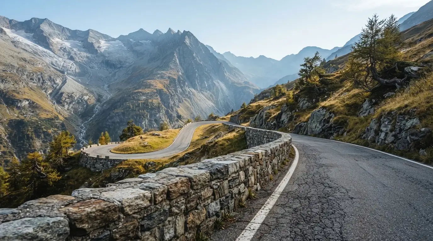 Eine Passstrasse im Hochgebirge säumt eine niedrige Steinmauer, dahinter ragen Felswände auf und der Herbsthimmel ist klar.