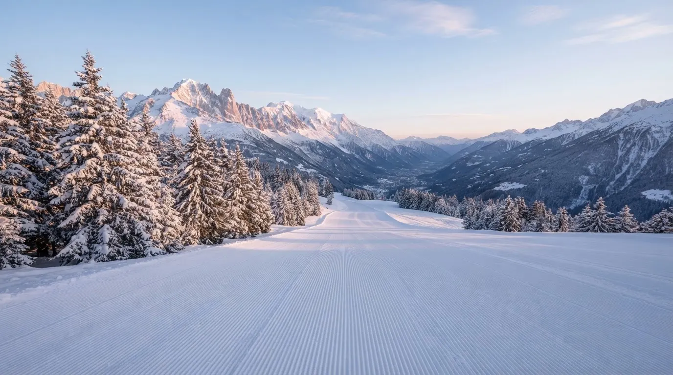 Eine frisch präparierte Skipiste liegt im Morgenlicht leer da, am Rand stehen verschneite Tannen und im Hintergrund Gipfel.