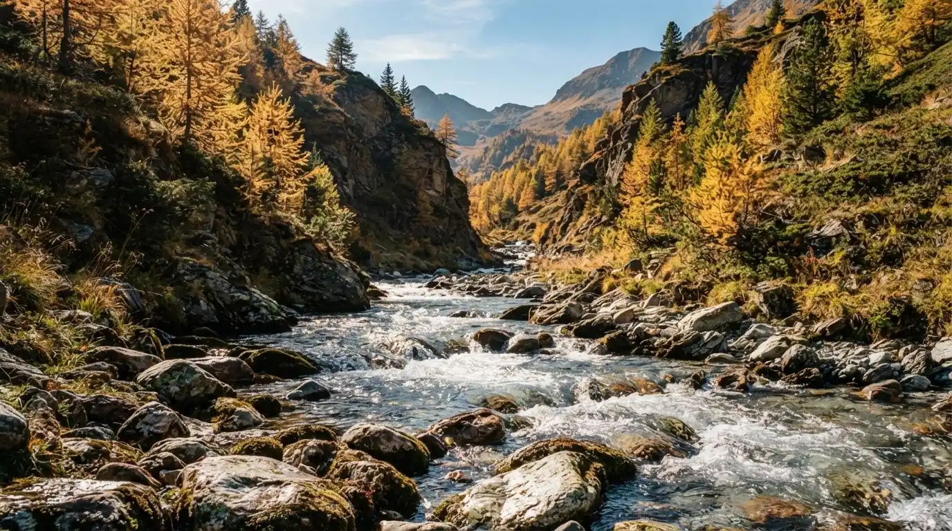 Ein Bergbach fliesst über glatte Steine durch ein enges Tal, an den Hängen leuchten Lärchen in gelbem Herbstlicht.
