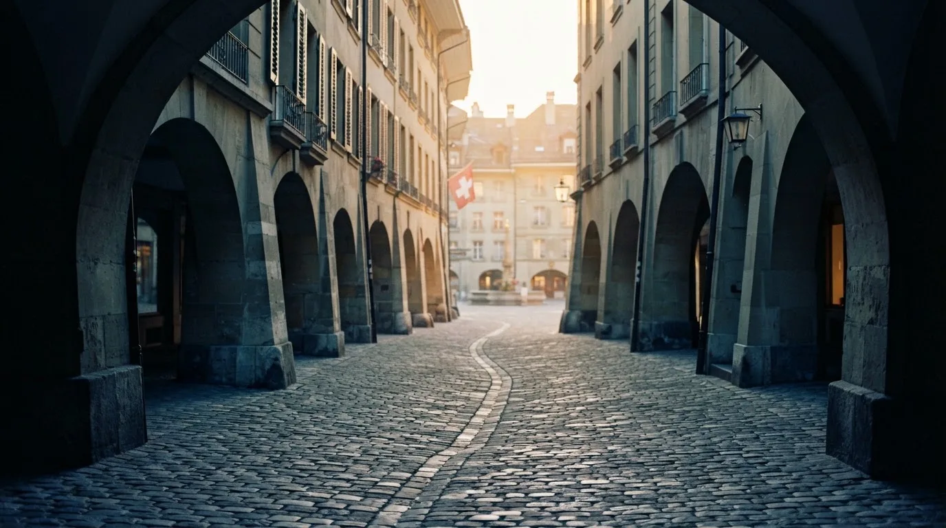 Eine kopfsteingepflasterte Gasse mit Arkaden in einer Schweizer Altstadt im frühen Morgenlicht, niemand ist unterwegs.