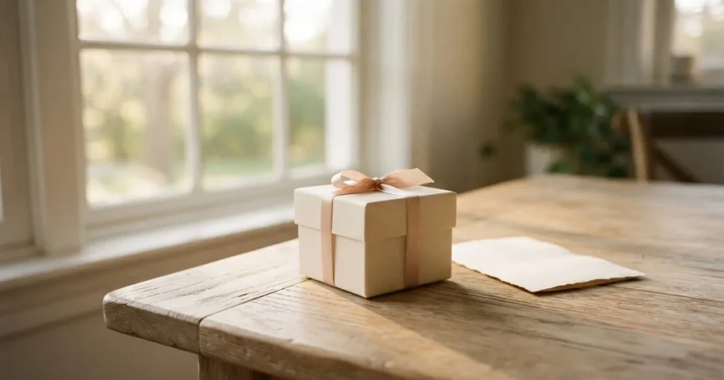 Eine kleine Geschenkschachtel mit schlichtem Band steht auf einem hellen Holztisch neben einem Fenster mit Morgenlicht.