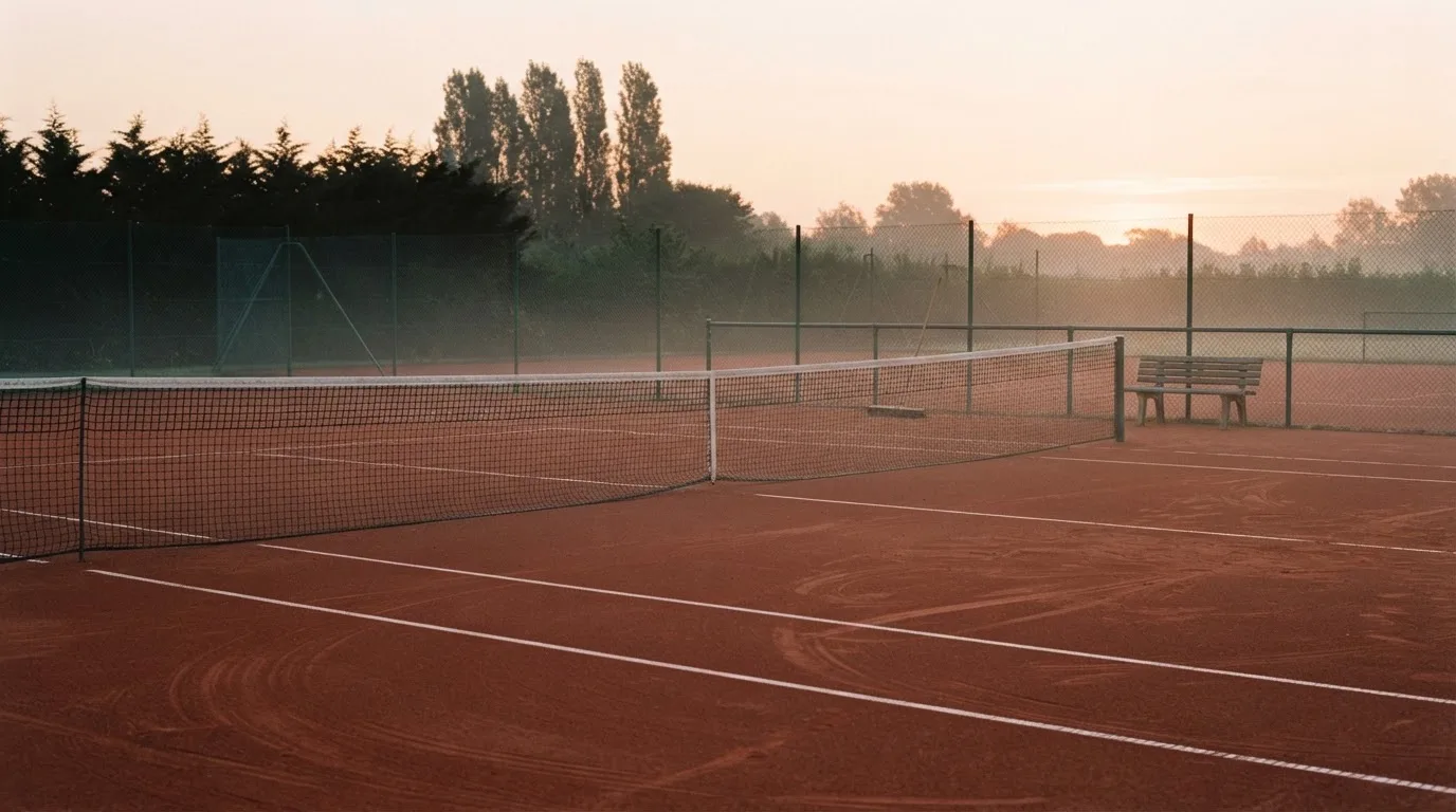 Ein Tennisplatz im Morgengrauen mit gespanntem Netz und feinem Dunst über der roten Asche.