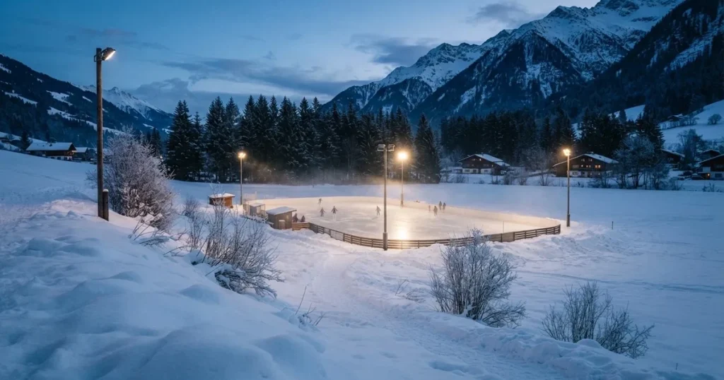 Eine Eisfläche unter Flutlicht in der Winterdämmerung, aus grosser Distanz von einem verschneiten Hang aus gesehen.