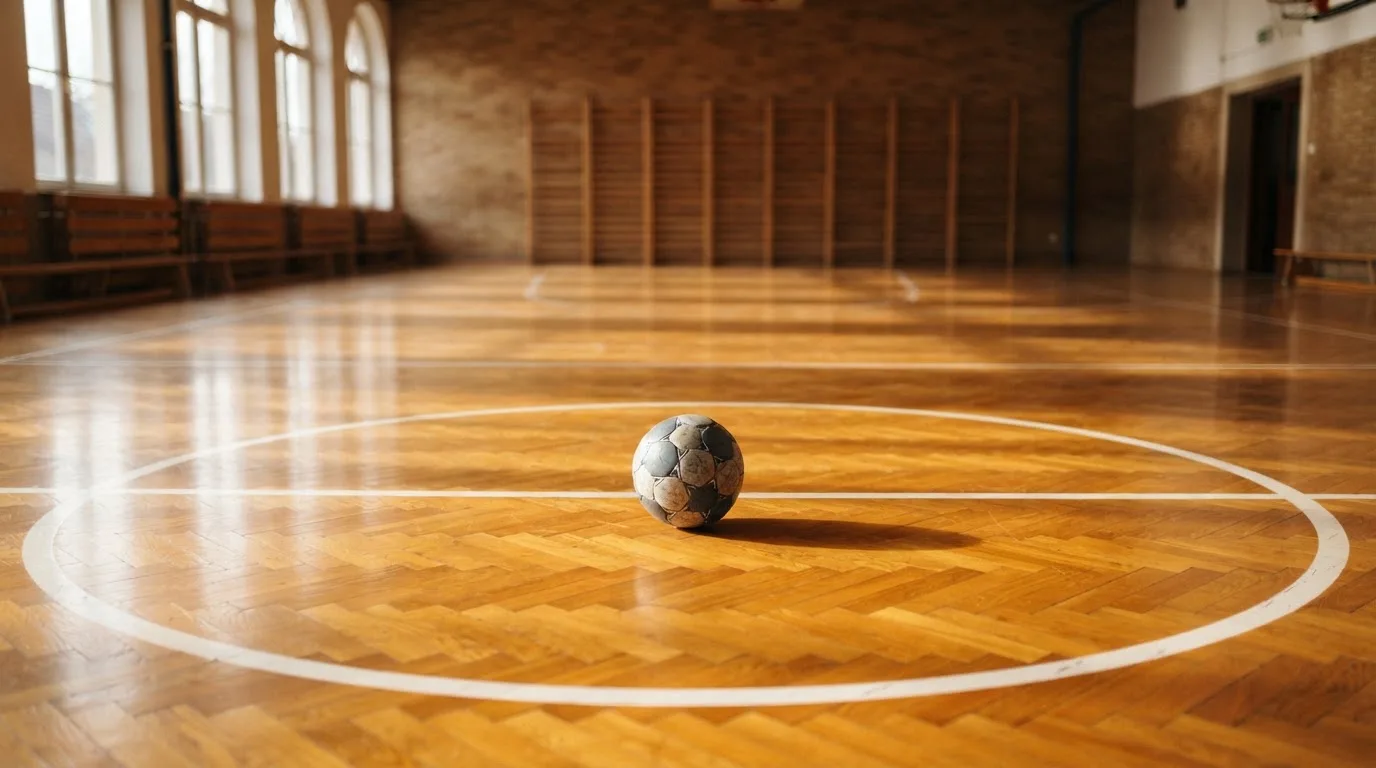Der Boden einer Sporthalle aus poliertem Parkett mit einem einzelnen Handball in der Mitte, Licht fällt durch hohe Fenster.