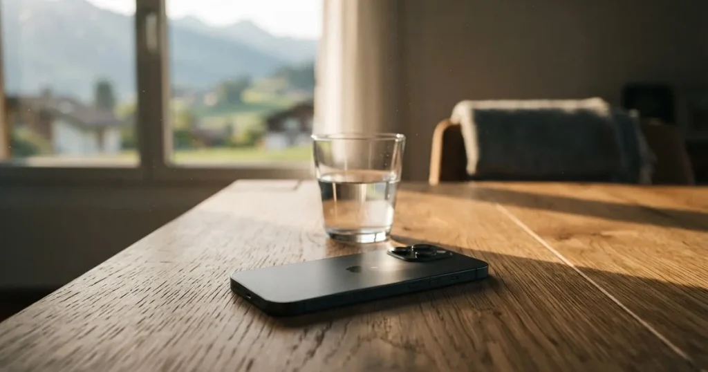 Ein Smartphone liegt mit dem Display nach unten auf einem Holztisch neben einem Wasserglas.