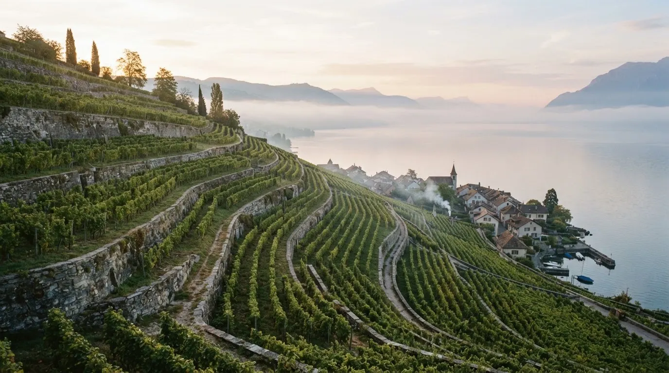 Terrassierte Weinberge über einem See im Morgendunst, am Ufer liegt ein kleines Dorf.
