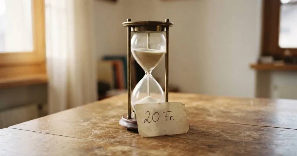 Ein kleiner Stapel Münzen neben einer Sanduhr auf einem Holztisch im weichen Fensterlicht.