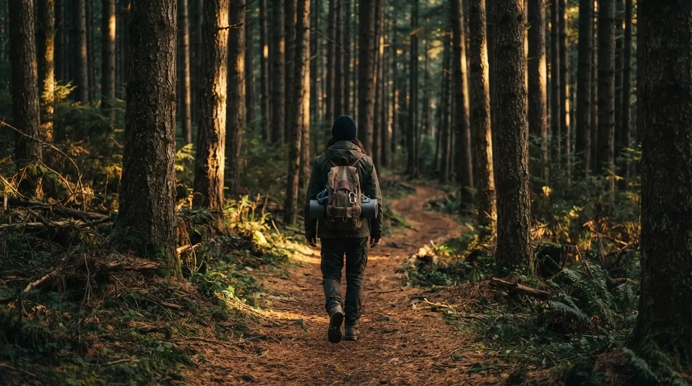 Eine Person von hinten auf einem Waldweg, die langsam zwischen hohen Tannen geht.