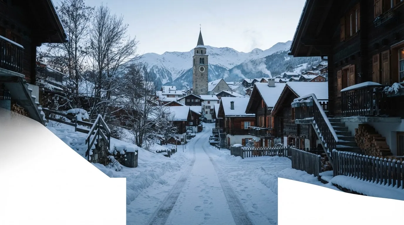 Eine verschneite Dorfstrasse mit Kirchturm im Hintergrund, Rauch steigt aus den Kaminen.