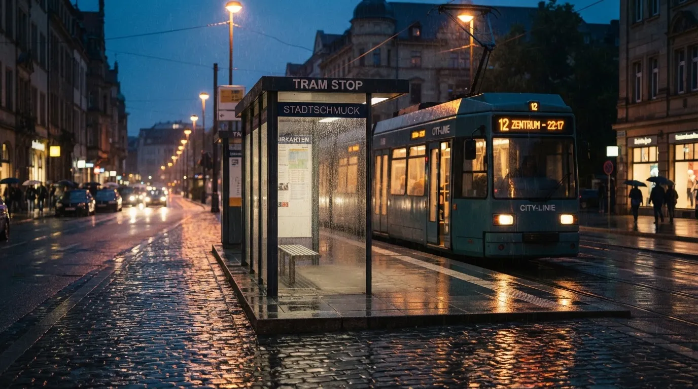 Eine Tramhaltestelle in einer Schweizer Stadt bei Regen, nasses Pflaster spiegelt das Licht.