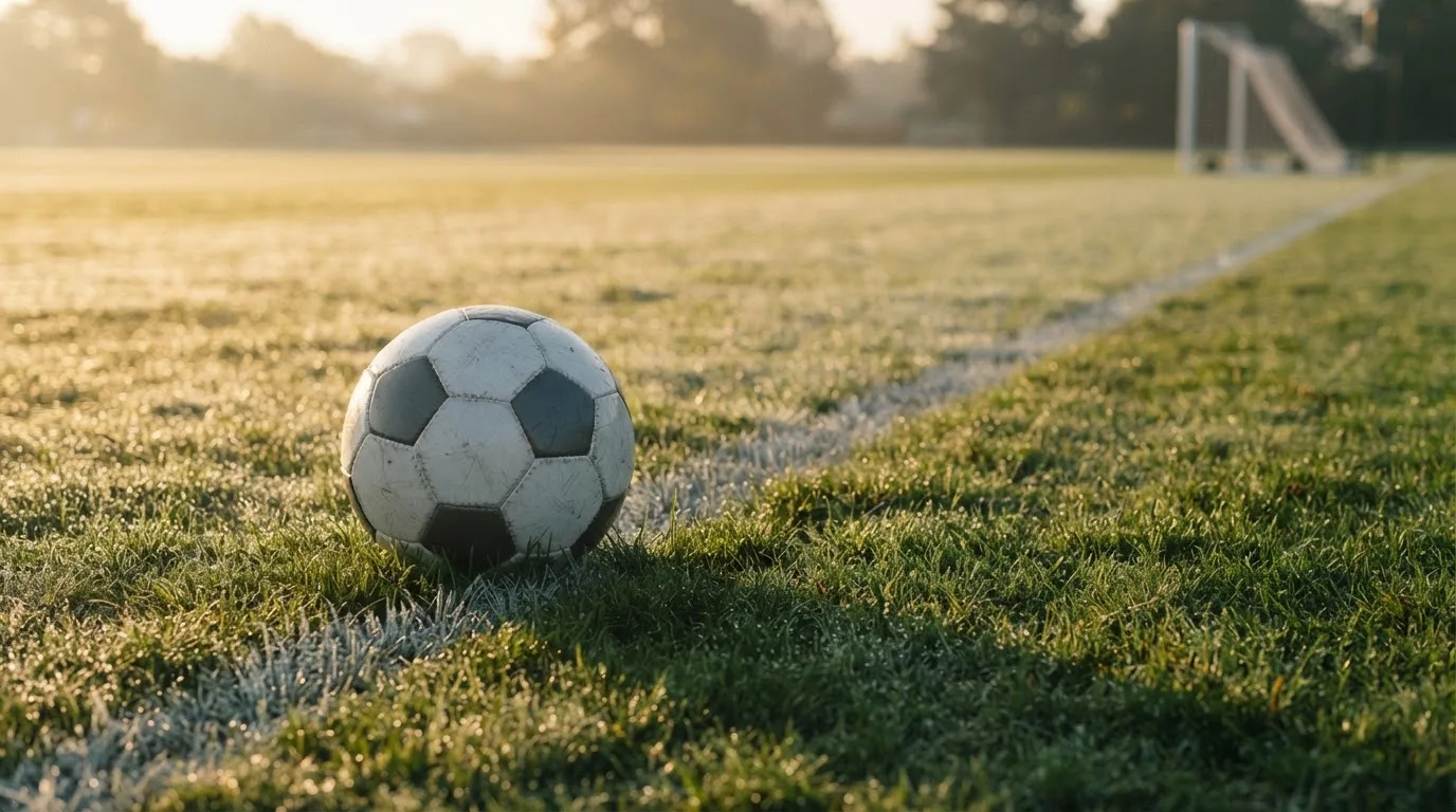 Ein Fussball ruht an der Seitenlinie im taufeuchten Gras, die ersten Sonnenstrahlen fallen schräg über den Platz.