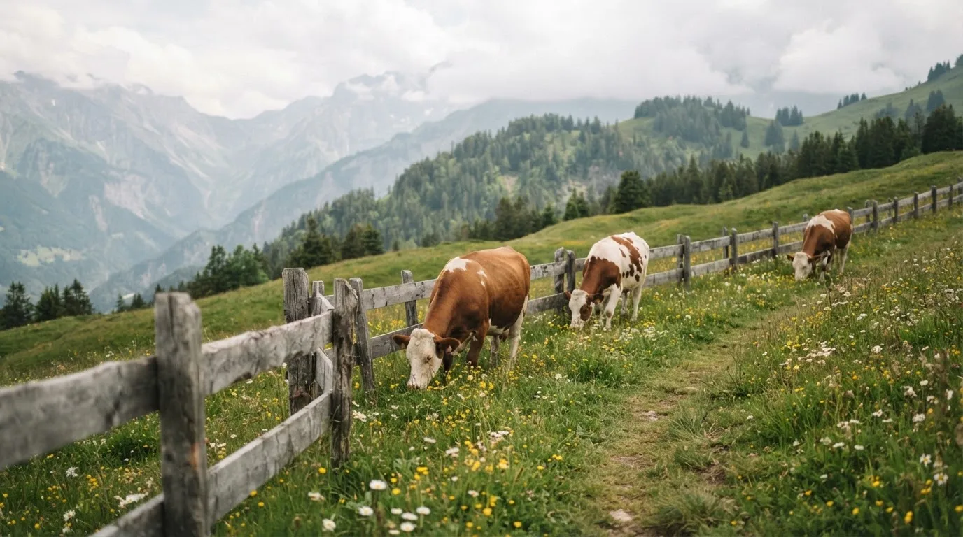 Eine Alpwiese mit weidenden Kühen und einem Holzzaun unter wolkigem Himmel.