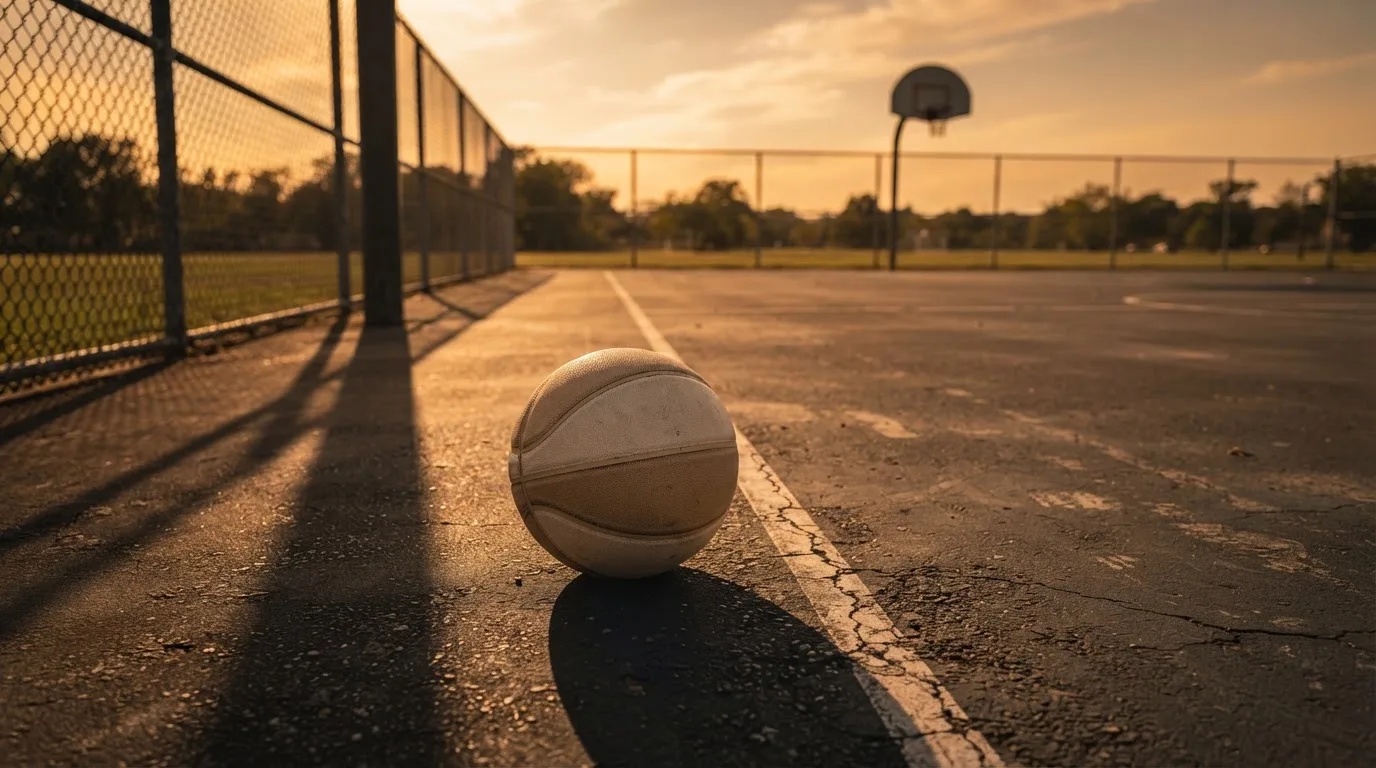 Ein Basketball liegt bei Sonnenuntergang auf einem leeren Aussenplatz, lange Schatten fallen über den Boden.