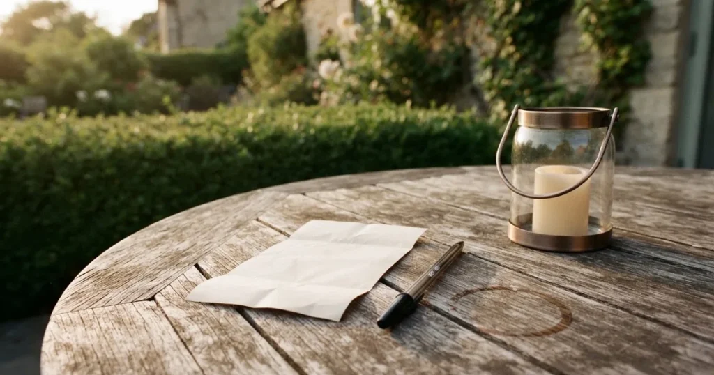 Ein leeres Wettschein-Papier und ein Kugelschreiber liegen auf einem Gartentisch auf einer Terrasse, daneben steht ein Windlicht.