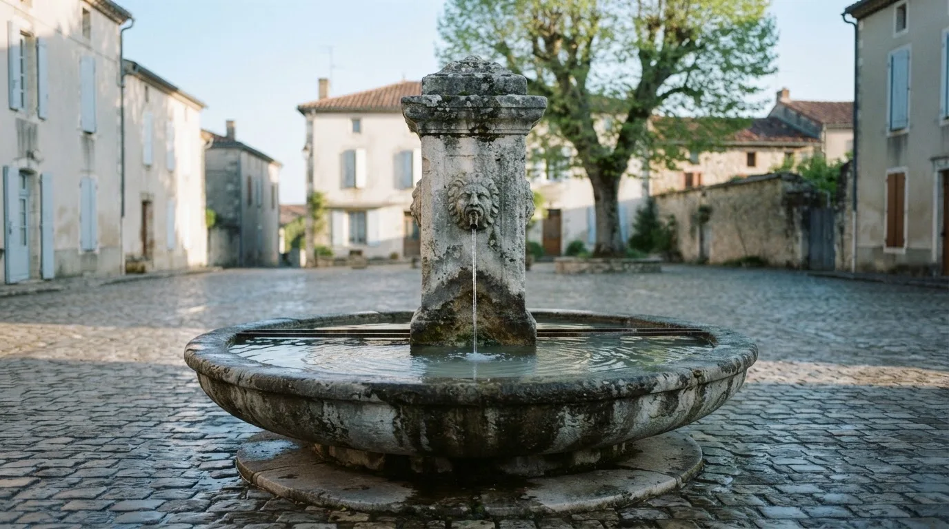 Ein Steinbrunnen auf einem stillen Dorfplatz im ersten Morgenlicht, Wasser fliesst ruhig in das Becken.