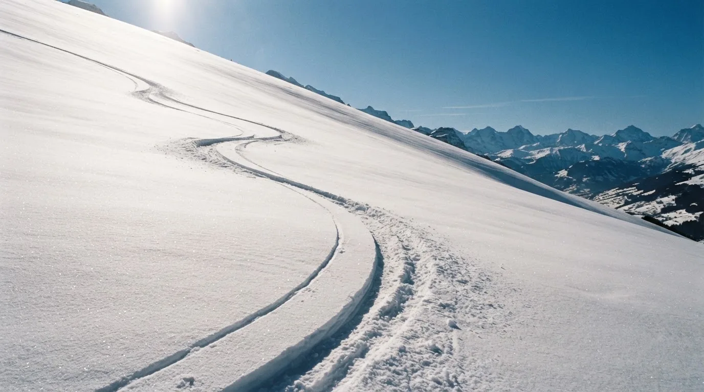 Skispuren im frischen Schnee an einem sonnigen Hang vor blauem Himmel.