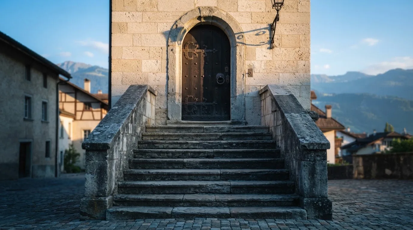 Eine Steintreppe führt zu einer schweren Eichentür in einer hellen Fassade, die Stufen liegen im Morgenschatten.