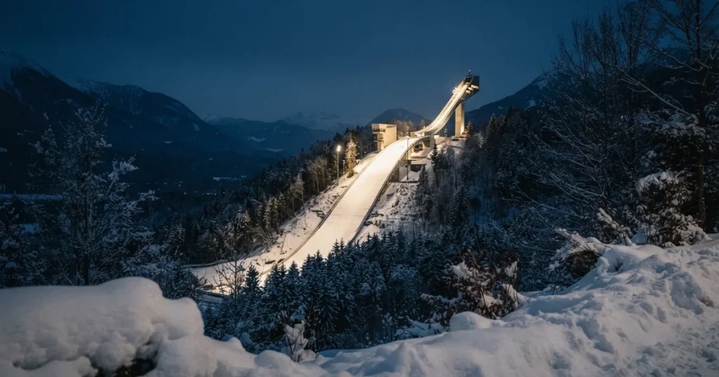 Eine Skisprungschanze im Flutlicht, aus dem Tal gesehen, der Hang liegt im Schnee.
