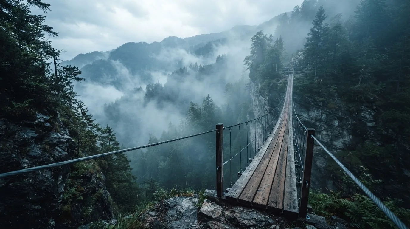 Eine Hängebrücke über eine tiefe Schlucht, aus dem Wald darunter steigt Nebel auf.