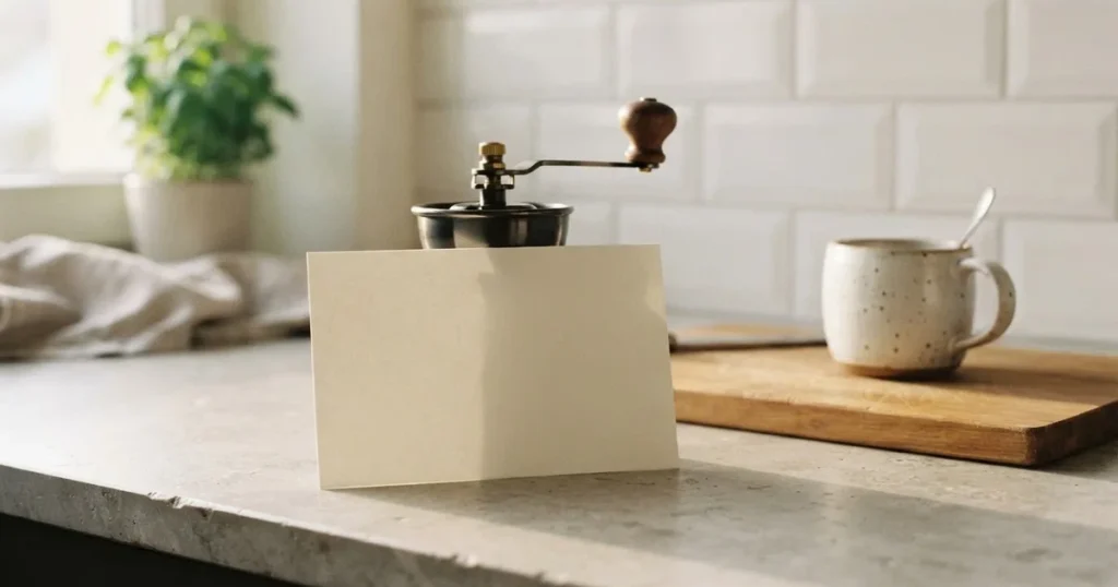 Eine leere cremefarbene Karte lehnt an einer Kaffeemühle auf einer Küchenablage.